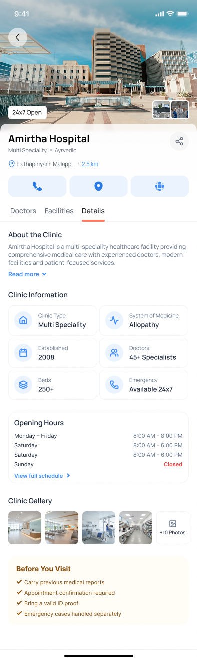Clinic profile Details tab with clinic information, opening hours, gallery and a before-you-visit checklist