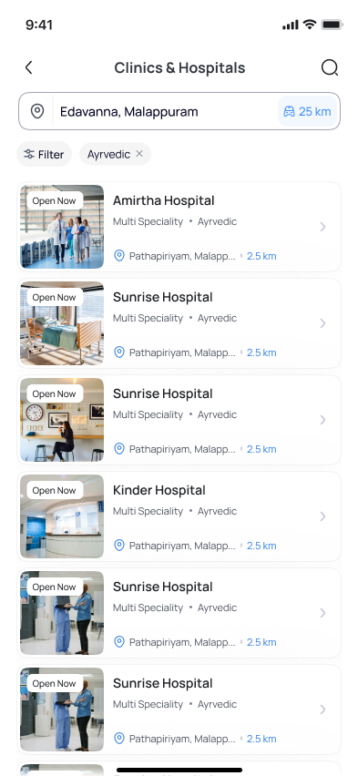 List of nearby clinics with open-now tags, distance, a location bar and a system-of-medicine filter