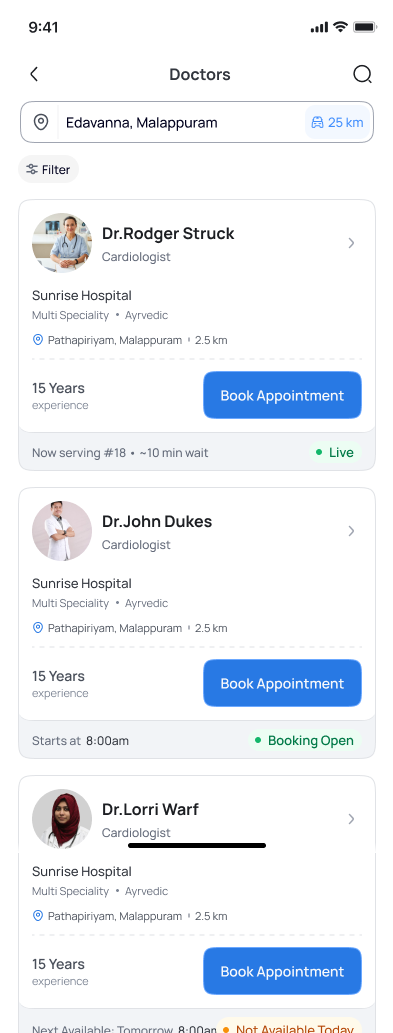 Doctors list showing experience, now serving token, estimated wait and live or booking-open status