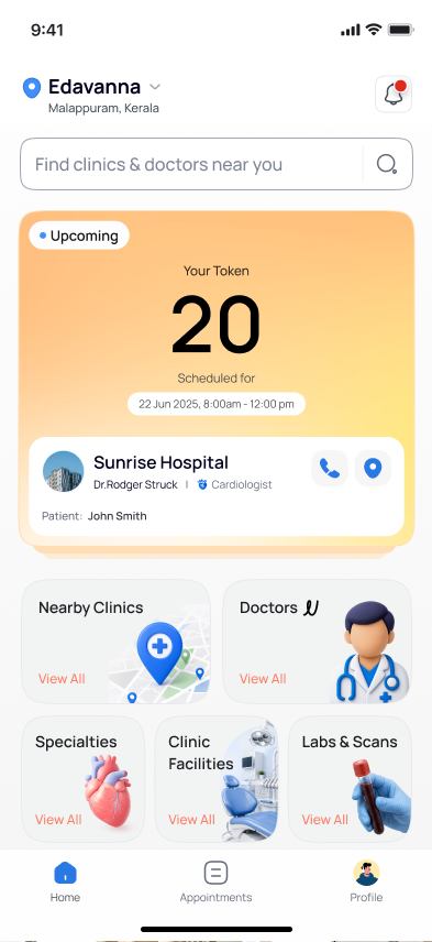 Home screen with an upcoming appointment card showing the scheduled date and time
